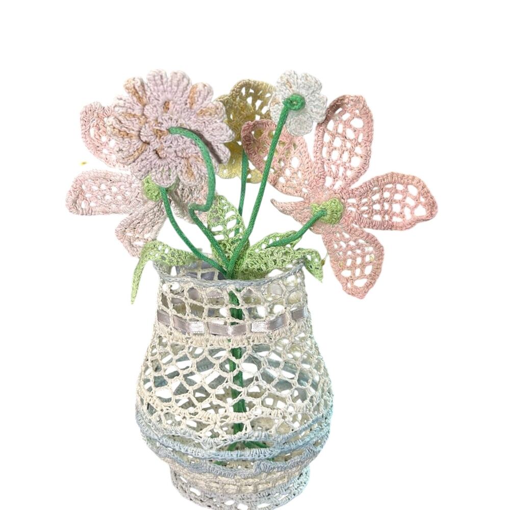 Handcrafted Crochet Floral Arrangement in Pastel Colors- glued to mold, 9" tall